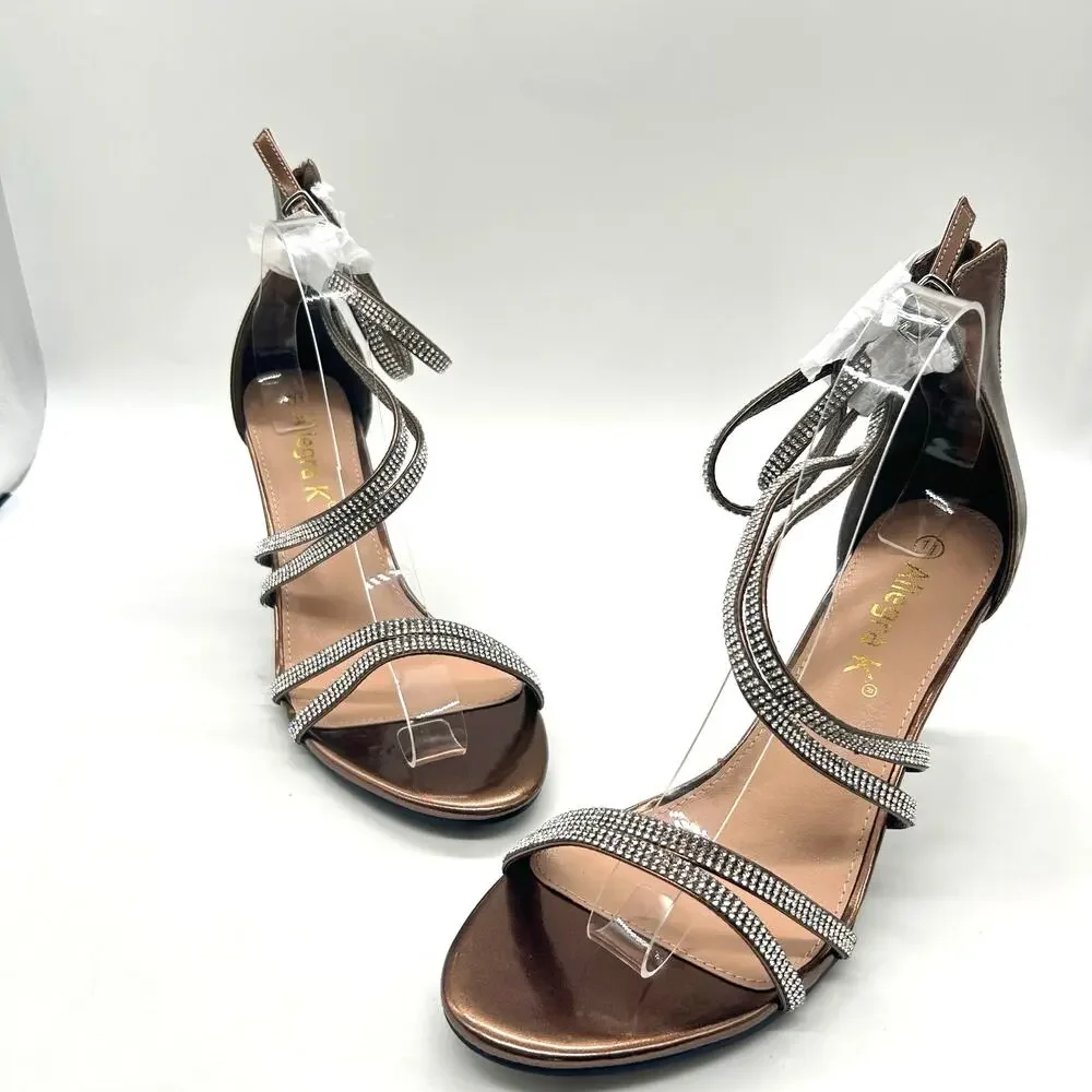 Allegra K Sandals Womens‎ 11 Bronze Strappy High Heel Rhinestone Detail NEW